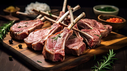 Raw racks of lamb  with rosemary freshly cooked on the wooden table in the restaurant. - obrazy, fototapety, plakaty
