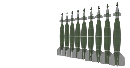 Several cruise missiles. A set of rockets on a white background. Insulated pockets of gray-green color. Weapons for aerial bombardment. Missiles to attack from an airplane. Visualization of the rocket