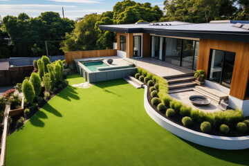 Contemporary Modern Australian House with Artificial Grass with Clean Design and Boundary Decoration, with a mini pool - obrazy, fototapety, plakaty