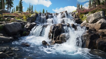 Fototapeta na wymiar Rock hills with waterfall meadows and blue sky UHD wallpaper Stock Photographic Image