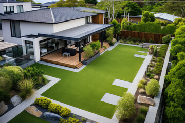 Contemporary Modern Australian House with Artificial Grass with Clean Design and Boundary Decoration, with a mini pool - obrazy, fototapety, plakaty