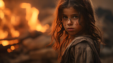 A sad face of a little girl standing in front of collapse buildings area natural disaster or war victim. Generative AI