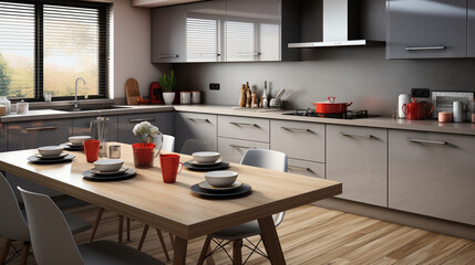 Beautiful Grey Modern Kitchen in a Luxury Apartment with Stainless Steel Appliances. Generative AI