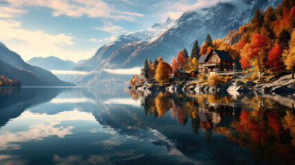A house by the lake in the mountains in autumn - obrazy, fototapety, plakaty