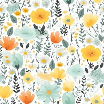 Vector floral pattern in doodle style with flowers and leaves. Gentle, spring floral background. generative ai.