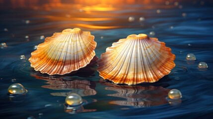 Shells and pearls floating in water UHD wallpaper Stock Photographic Image - obrazy, fototapety, plakaty