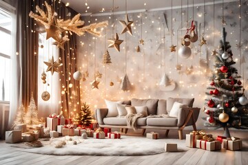 Fototapeta na wymiar Beautiful decorated christmas tree and gift boxes 