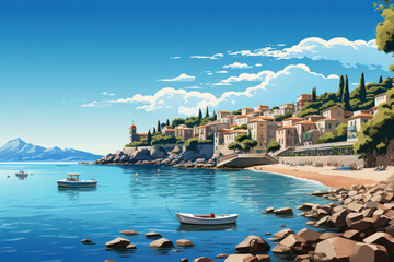 Naklejka premium Vector Illustration of a cozy coastal Mediterranian Town, Generative AI