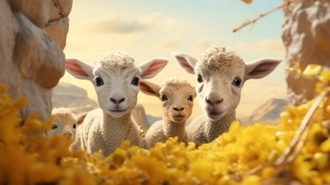 Spring Lambs watching you isolated brur background UHD wallpaper Stock Photographic Image