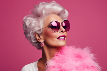 Glamorous elderly woman in furs isolated on pink background - obrazy, fototapety, plakaty