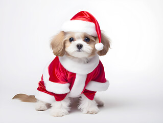 cute fluffy dog in Santa claus costume. adorable dog on white background.  Merry Christmas. Happy New Year