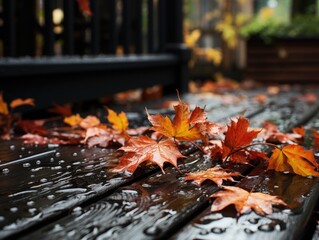 Autumn maple leaves on a wooden bench in the rain. Selective focus.