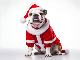 cute English Bulldog in Santa claus costume. adorable dog on white background.  Merry Christmas. Happy New Year