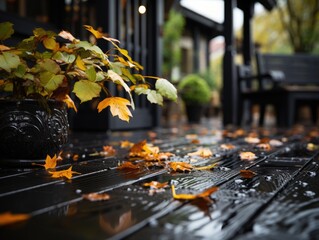 Autumn leaves on a rainy day in the city. Selective focus.