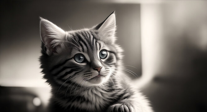 Gray kitten looking straight ahead with blurred background
