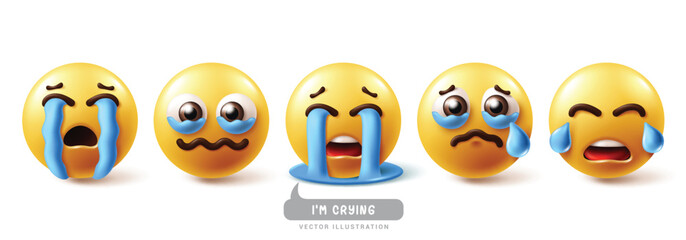 Emoji crying emoticon characters vector set. Emojis emoticons in sad face, cry, eye tears, happy and disappointed facial expression 3d graphic elements collection. Vector illustration emojis crying  - obrazy, fototapety, plakaty
