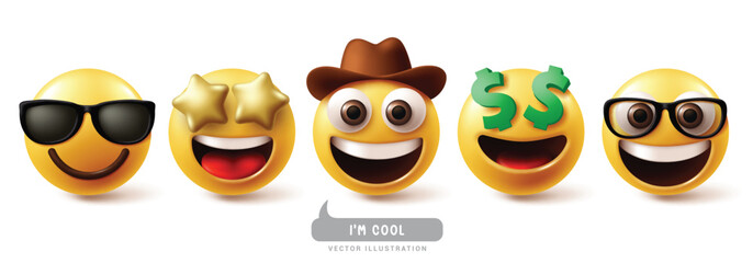 Emoji cool emoticon characters vector set. Emojis emoticons facial expression in happy, smiling, funny, joyful, enjoy and fun mood face reactions character collection. Vector illustration emojis cool 