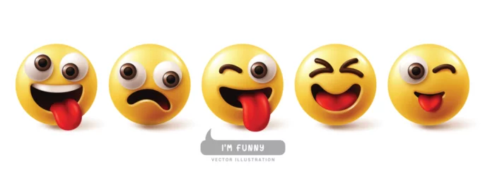 Tuinposter Emoji funny emoticon characters vector set. Emojis emoticons facial expression in happy, joyful, smiling, cool, naughty and playful character face collection. Vector illustration emojis funny icon  © AmazeinDesign