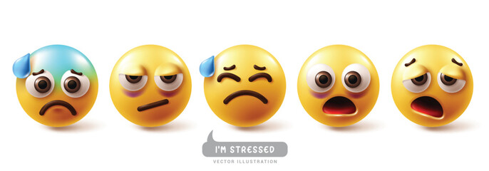 Emoji stress emoticon characters vector set. Emojis emoticons in stress, nervous, worried, tired, scared and depressed facial expression character elements collection. Vector illustration emojis 