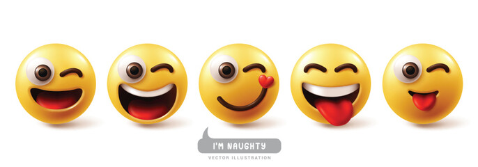 Emojis naughty emoticon characters vector set. Emoji emotions facial expression in happy, funny, joyful, smiling and winking face character collection. Vector illustration emojis naughty icon 