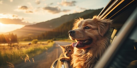 Happy dog and cat together in car. summer vocation travel. generative AI