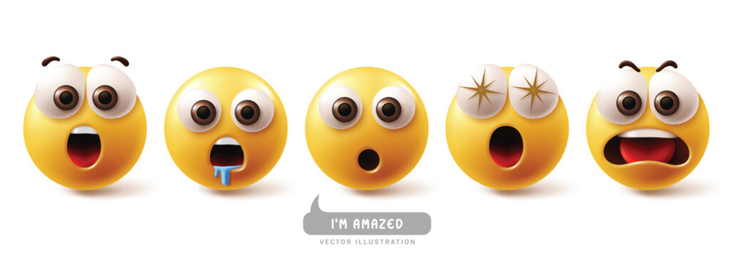 Naklejki Emoji amazed emoticon characters vector set. Emojis emoticons characters in surprise, wow, shocked, hungry, fascinating and excited facial expression graphic elements. Vector illustration emojis amaze