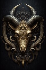 Goat head pattern with flowers and leaves on black background. Symbol of strength and power.