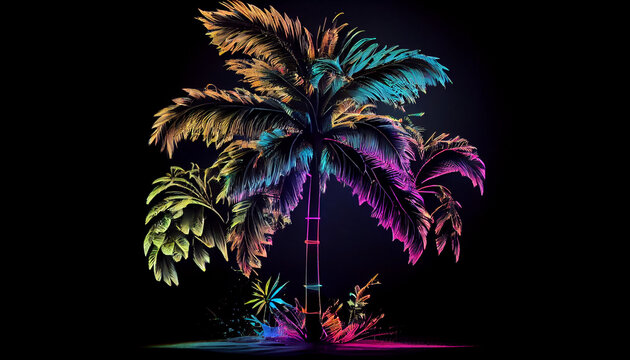 Creativity by neon palm tree isolated black, background, Ai generated image