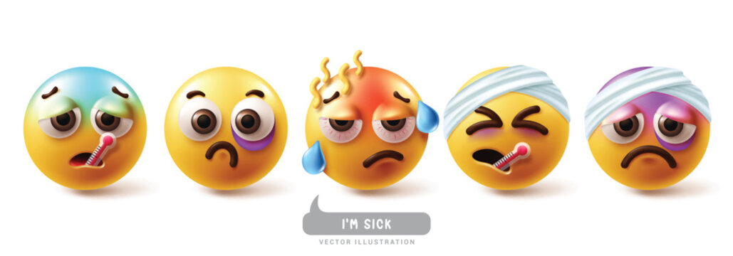 Naklejki Emoji sick emoticon characters vector set. Emoticons emojis character with illness, flu, fever, colds, injured and nauseous face icon collection. Vector illustration emojis sickness set collection.  