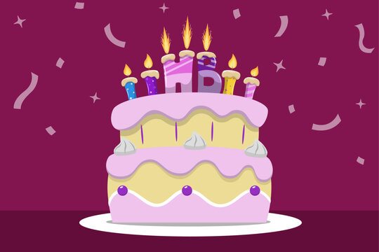 Alegre vector de pastel de cumplea&ntilde;os, vector de pastel  decorado con colores suaves, ilustraci&oacute;n con postre de cumplea&ntilde;os con velas encendidas listas para ser sopladas, diversi&oacute;n y felicidad