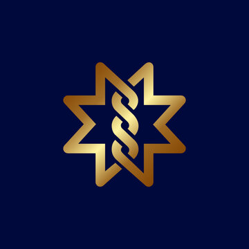 The logo is an S and M ambigram and monogram. Gold color on a dark background.