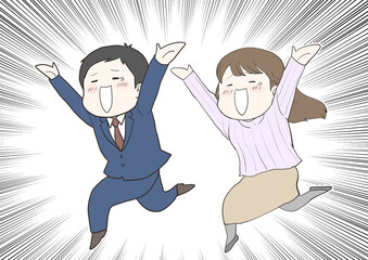 両手を広げて喜ぶ男女　集中線