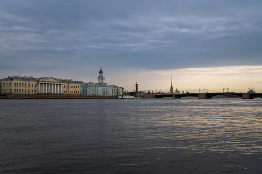 View of the Neva River, University Embankment, the Kunstkamera building, Peter and Paul Fortress and the Palace Bridge on a spring morning, St. Petersburg, Russia