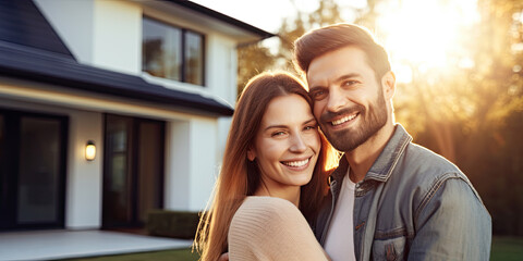 Fototapeta premium Beautiful couple in love standing next to their house