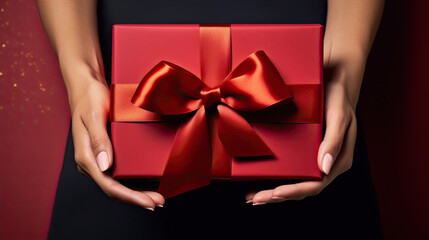 A woman's hands hold a red gift box with a bow and ribbons on dark background - obrazy, fototapety, plakaty
