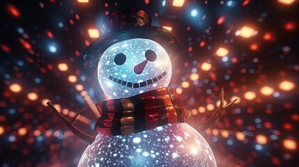 3D Snowman with lights from behind and a disco style background . 