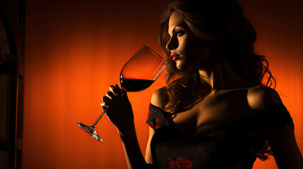 Silhouette of a attractive woman drinking from a large wine glass with side lighting over the red background