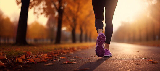 Rear view of young woman walking, exercising and running on the street in the park on an autumn morning. Concept of health and lifestyle. - obrazy, fototapety, plakaty