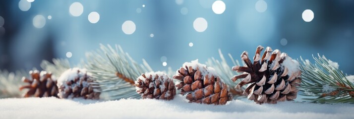 close up of pine branch with pine cones and snow with blue sky and bokeh lights and snowflakes, generative AI - obrazy, fototapety, plakaty