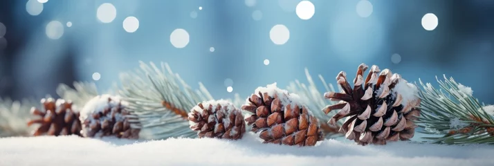 Foto auf Alu-Dibond close up of pine branch with pine cones and snow with blue sky and bokeh lights and snowflakes, generative AI © VALUEINVESTOR