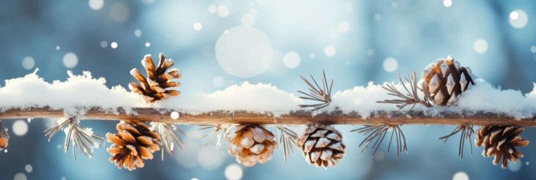 close up of pine branch with pine cones and snow with blue sky and bokeh lights and snowflakes, generative AI