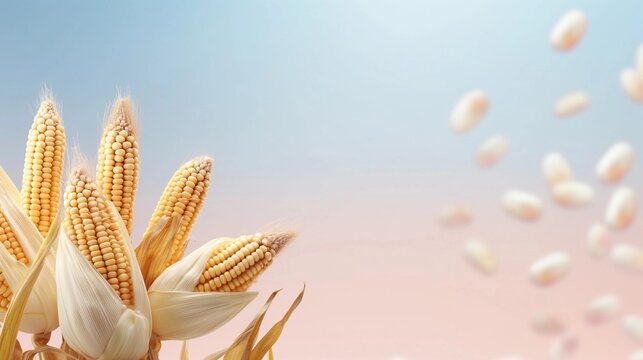 space for text on pastel background surrounded by corns, background image, AI generated