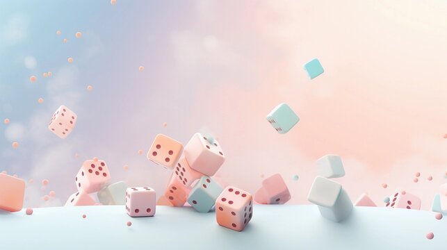 space for text on pastel background surrounded by dice, background image, AI generated