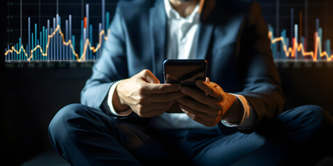 Trading Businessman holding mobile phone. Stock Trade Market Graph Blue Background - obrazy, fototapety, plakaty