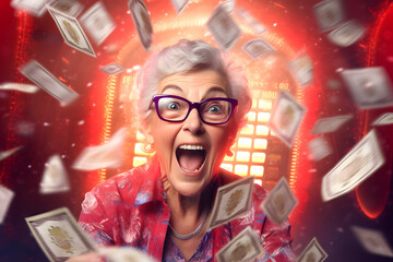 Happy Grandma winning Jackpot. Mega win in a Lottery. Money flying. Winner Casino Gambling Celebration. Colorful Illustration  - obrazy, fototapety, plakaty
