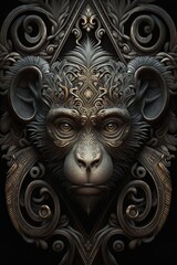 Fototapeta na wymiar Close-up digital art of a monkey wearing a golden mask with intricate carvings. The monkey has a serious expression and its piercing eyes are locked on the viewer.