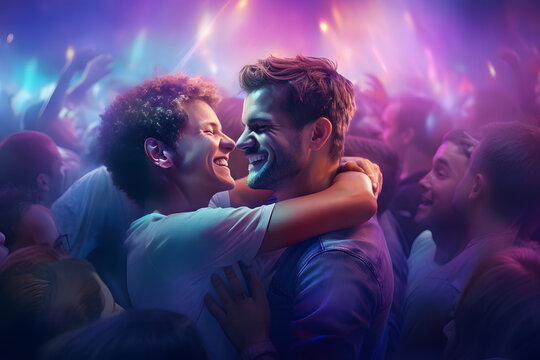 Happy Gay Couple arm in arm in a Club. People dancing in a Night Disco Bar. Neon Light Background  