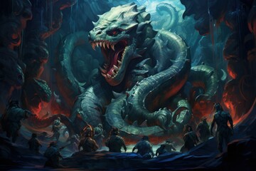 Obraz premium Ancient sea serpents, guardians of hidden treasures beneath the ocean depths - Generative AI