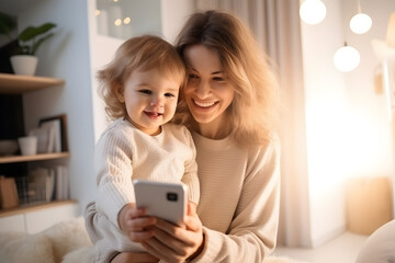 Family Tech Time: Smiling Mother and Child Enjoying Tablet in a Warm, Illuminated Setting - Quality Family Time, Technology Use in Parenting, Digital Education for Kids, Home Entertainment
