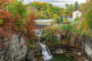 Beebe lake dam waterfalls and bridge. The Beebe Lake  Cornell Campus in Ithaca, New York.